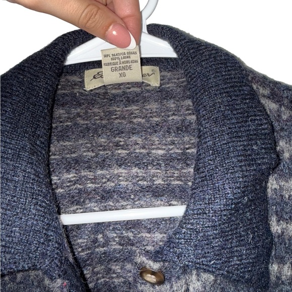 Vintage Eddie Bauer 100% Wool Navy and Charcoal Button Down Turtleneck Sweater - Picture 5 of 6